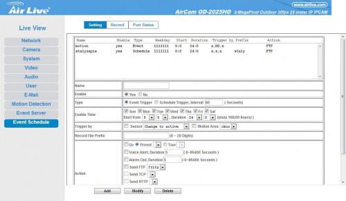 Test AirLive AirCam OD-2025HD - Ustawienia zapisu