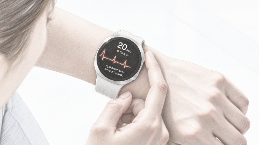 Galaxy Watch umożliwia monitorowanie rytmu serca za pomocą powiadomień o nieregularnym rytmie serca i odczytów EKG. Obraz poglądowy utworzony z wykorzystaniem AI. Rzeczywisty UX/UI może się różnić.