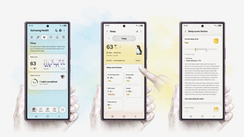 Galaxy Watch i Samsung Health zapewniają użytkownikom czytelny obraz jakości snu dzięki szczegółowym pomiarom i wskazówkom, które pomagają poprawiać nawyki związane ze snem. Obraz poglądowy utworzony z wykorzystaniem AI. Rzeczywisty UX/UI może się różnić.
