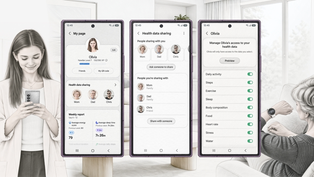 Samsung Health pozwala użytkownikom udostępniać bliskim wybrane dane dotyczące zdrowia, pomagając im pozostawać w kontakcie i na bieżąco informować się o swoim samopoczuciu. Obraz poglądowy utworzony z wykorzystaniem AI. Rzeczywisty UX/UI może się różnić.